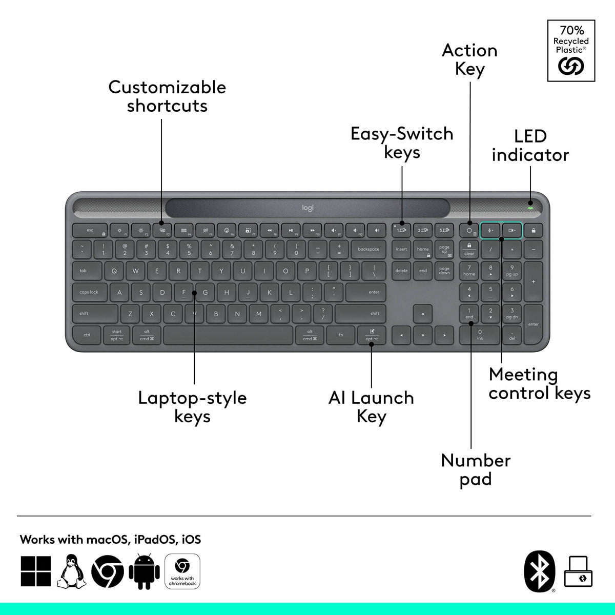 Logitech Signature Slim Solar+ K980 for Business, Wireless Keyboard, Quiet Typing, Secure Receiver, Bluetooth, Windows, Mac - Graphite - Wireless Connectivity - Bluetooth/RF - 5.1 - 32.81 ft - 2.40...