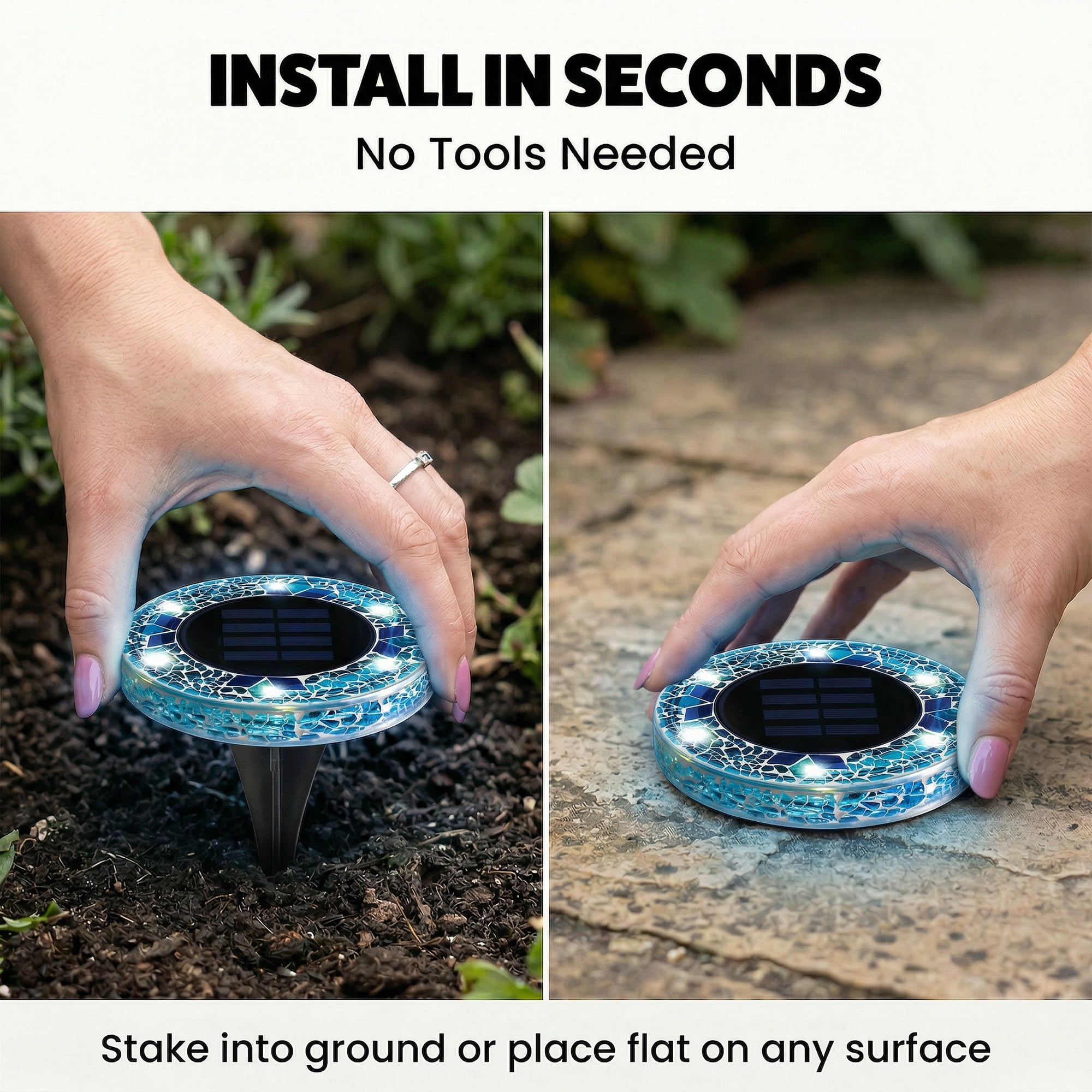 Bell+Howell Solar Outdoor Mosaic Disk Lights, 8 Pack Ultra-Premium Glass Decorative Pathway, Solar Outdoor Waterproof Disk, LED Pathway, Auto On/Off Lights - Blue