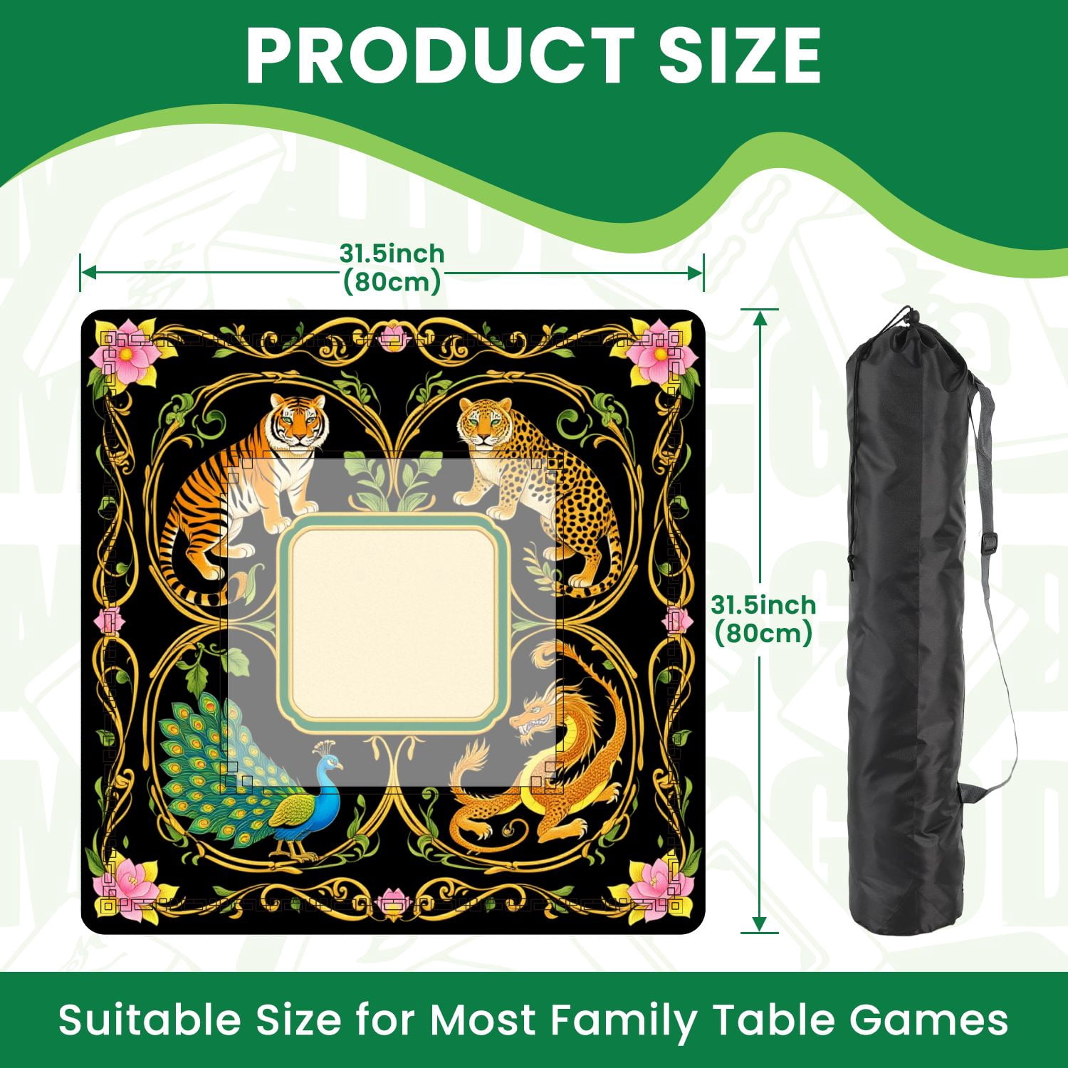 Mahjong Mat 31.5" x 31.5" Majestic Wildlife Mythical Creatures Vibrant Floral Frame Non-Slip Noise Reduction American Mahjong Tiles Table Cover for Dominoes Poker Card Board Games Gift