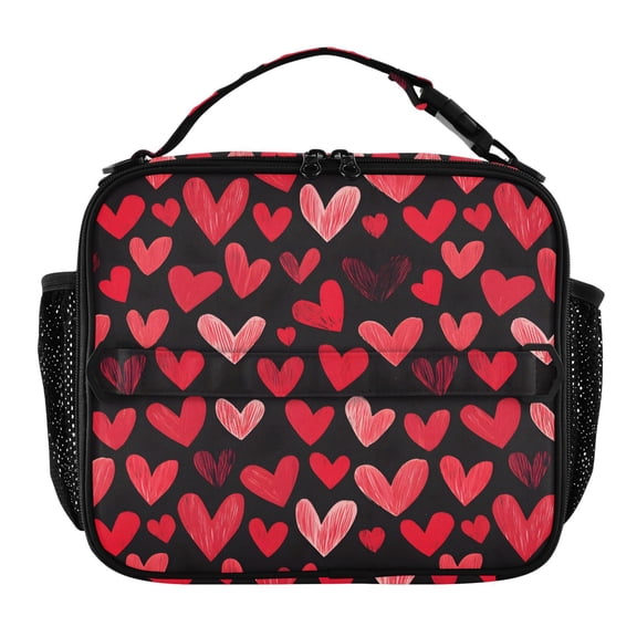 ALAZA Red Hearts on Black Lunch Box Insulated Lunch Bag Cooler Tote with Shoulder Strap