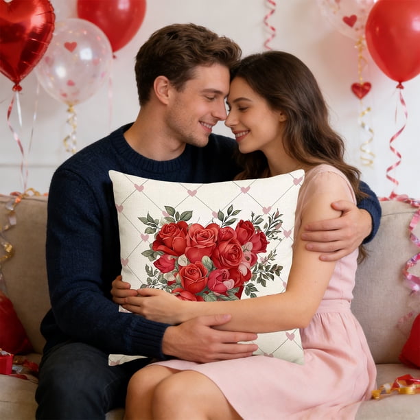 Yusimy 45 x 45 Inch Valentine's Day Heart Themed Pillowcase with Heart and Flower Print for Sofa Decor for Holiday Decor