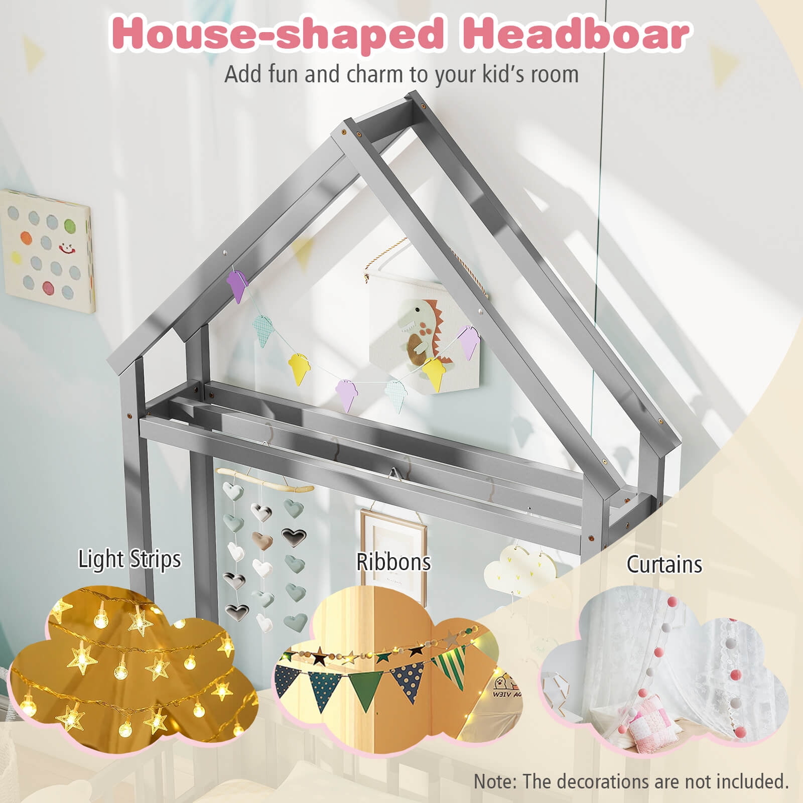 Infans Twin Size House Floor Bed w/House-shaped Headboard Clothes Hanger without Slats