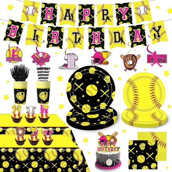 Softball Slugger Birthday Decorations, Home Run Softballparty decorations,Softball Party Supplies Kit with Banner Backdrop Balloons Cake Toppers Tableware