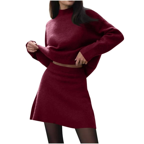 HAiming 2 Piece Sets for Women Long Sleeve Crew Neck Pullover Sweater Top Knitted Mini Solid Skirt Outfit