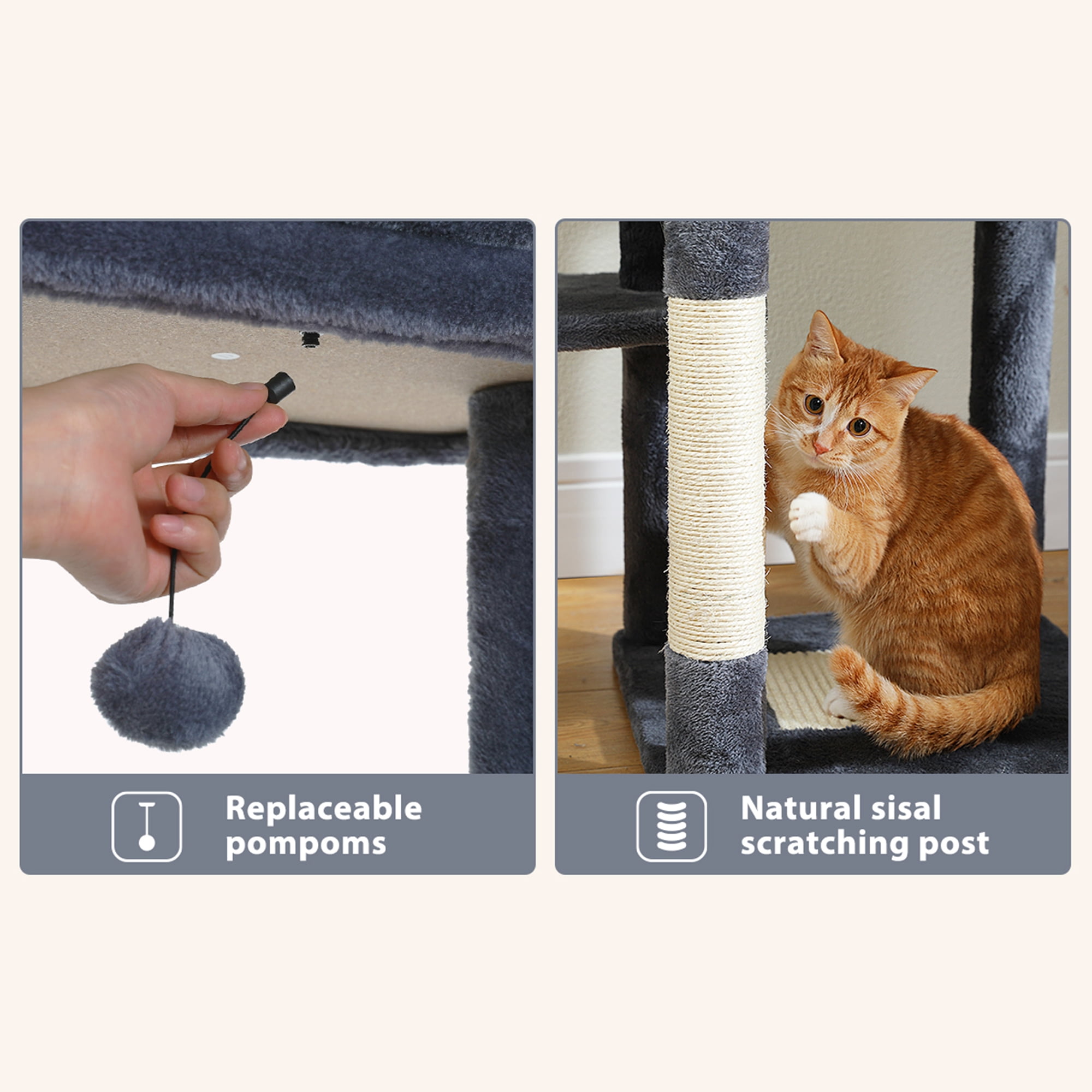 Pefilos 59" Multi-Level Cat Tree House with Large Hammock, Scratching Post, 2 Perches, Cat Tower with 3 Removable Pompom Sticks, Cat Condo, Dark Gray Pefilos 59" Multi-Level Cat Tree House with Large Hammock, Scratching Post, 2 Perches, Cat Tower with 3 Removable Pompom Sticks, Cat Condo, Dark Gray