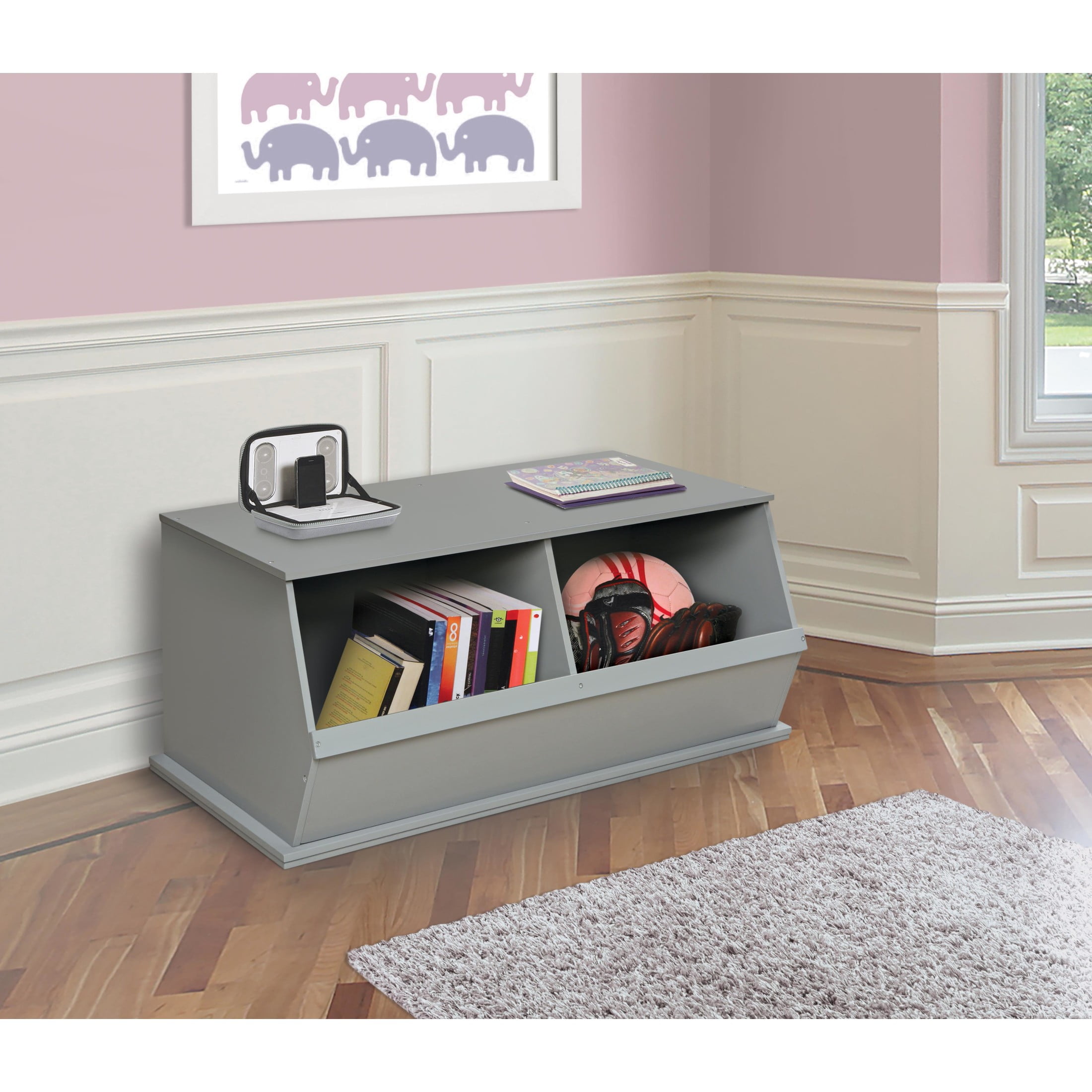 Badger Basket Children's 2-Bin Stackable Wooden Storage Cubby 5.3 Cu ft. – Gray