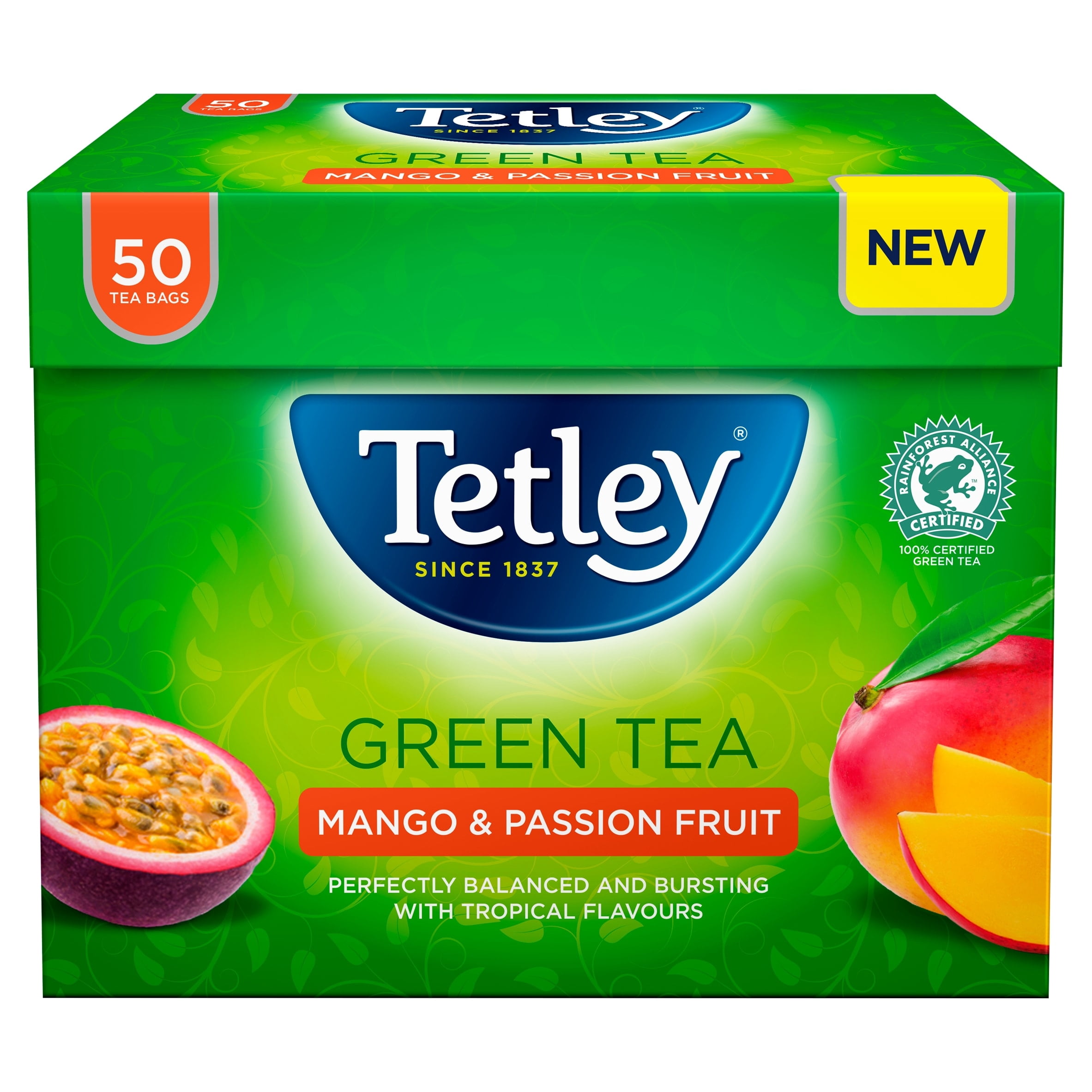 Tetley Green Tea Mango & Passion Fruit 50 Tea Bags 100G, Imported from Britain