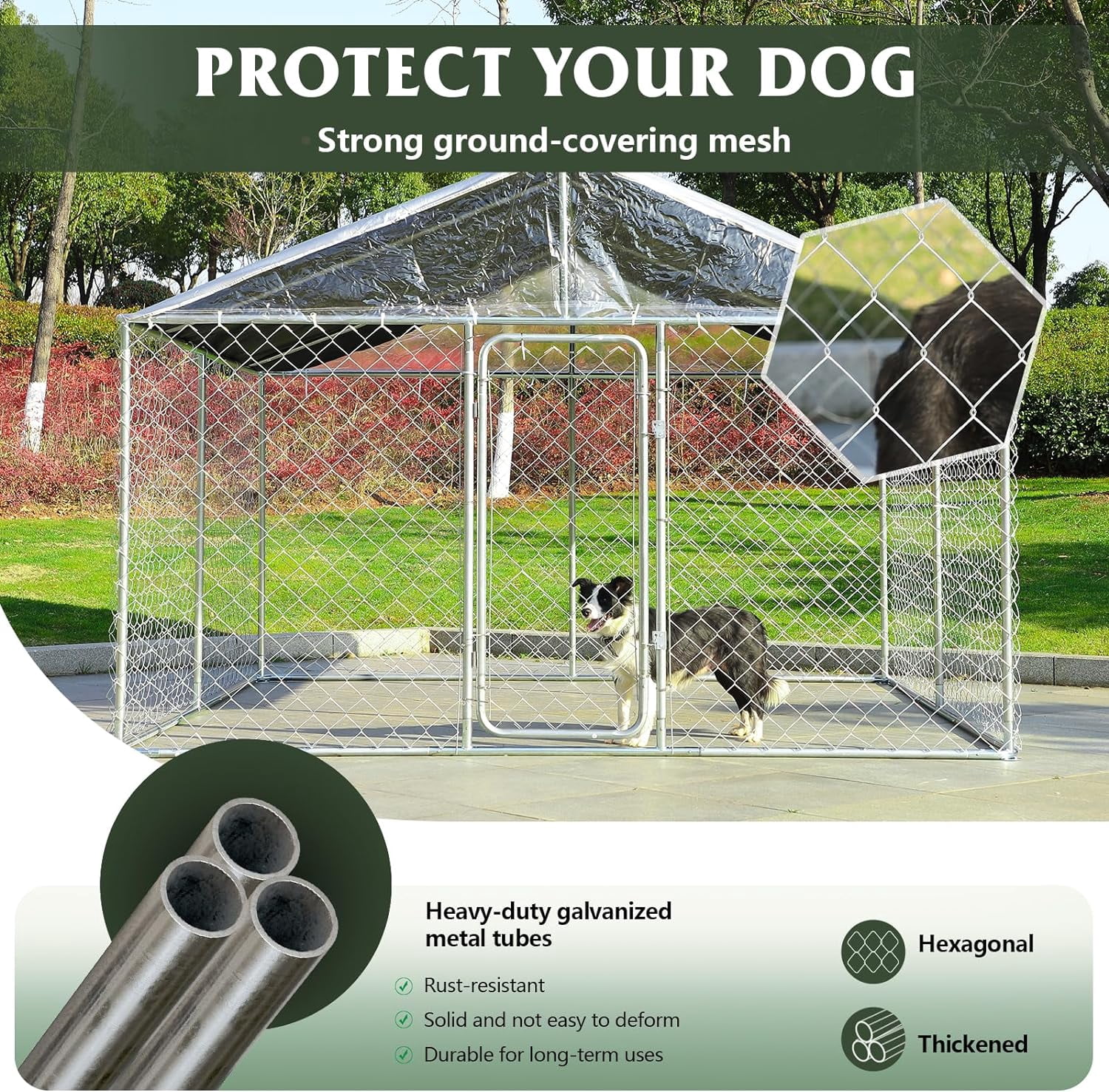 Magic Union Large Dog Kennel Outside with Roof, 10x10x7FT Outdoor Dog Kennel Cage Run Heavy Duty Dog Playpen Pen with Secure Lock, 118.1"x118.1"x82.6"