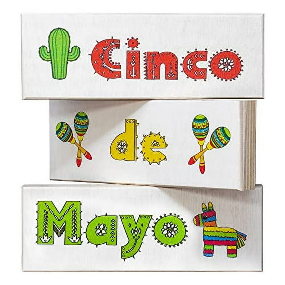 JennyGems Cinco De Mayo Wooden Block Signs Set for Shelf and Tiered Tray Decor, Made in USA