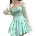 thumbnail image 1 of Vestido corto de línea A Ticfox con ribete de volantes estampado floral tirantes finos verde menta S, 1 of 14