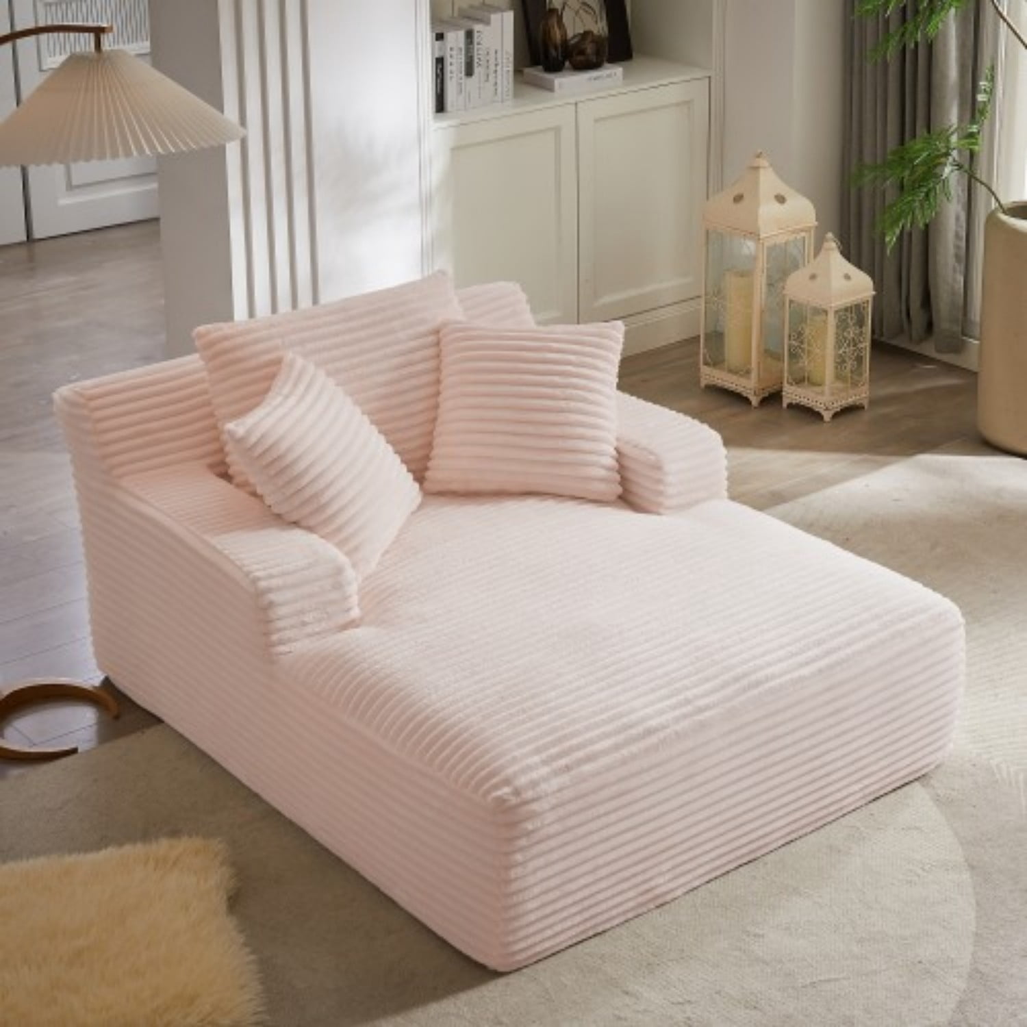 Oversized Chaise Lounge Chair, Corduroy Upholstered Modern Sleeper Sofa Couch with High Density Foam Cushion, No Assembly Required Lounge Sofa for Living Room, Bedroom & Office, Pink