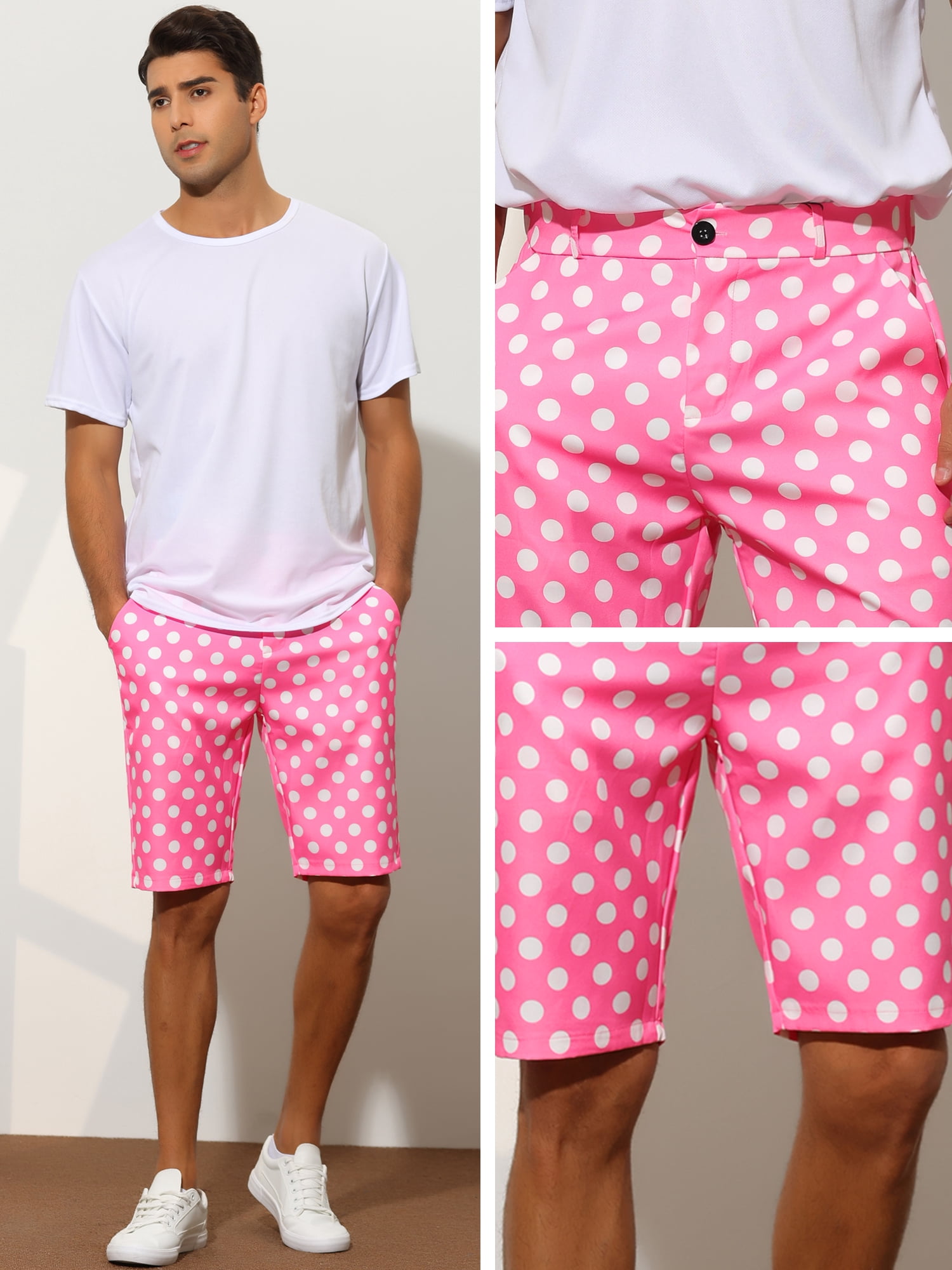 Unique Bargains Men's Polka Dots Shorts Straight Fit Comfort Flat Front Chino Shorts 34 Pink