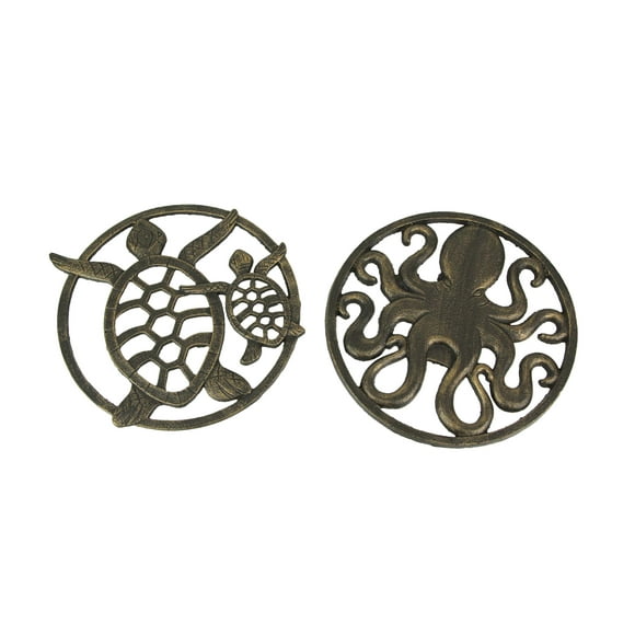Set of 2 Antique Bronze Finished Cast Iron Sea Turtle and Octopus Wall Art Sculptures - 11.5 Inches in Diameter - Coastal Charm and Marine Life Elegance