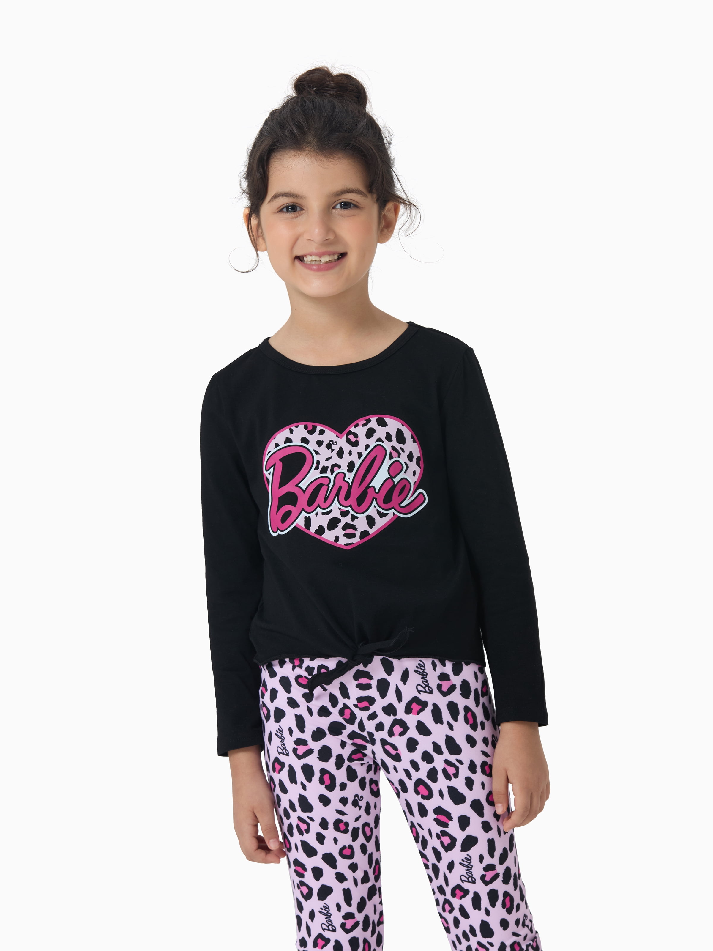 Barbie Girls Long Sleeve Graphic Tee Leopard Heart And Legging 2Pcs Casual Outfit Set Black Pink Sizes 5-12Y