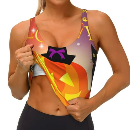Qokaie Halloween Pattern Womens Scoop Neck Sports Bra Breathable Workout Vest Padded U Back Medium Impact Fitness Gym Yoga Bra Workout Crop Top