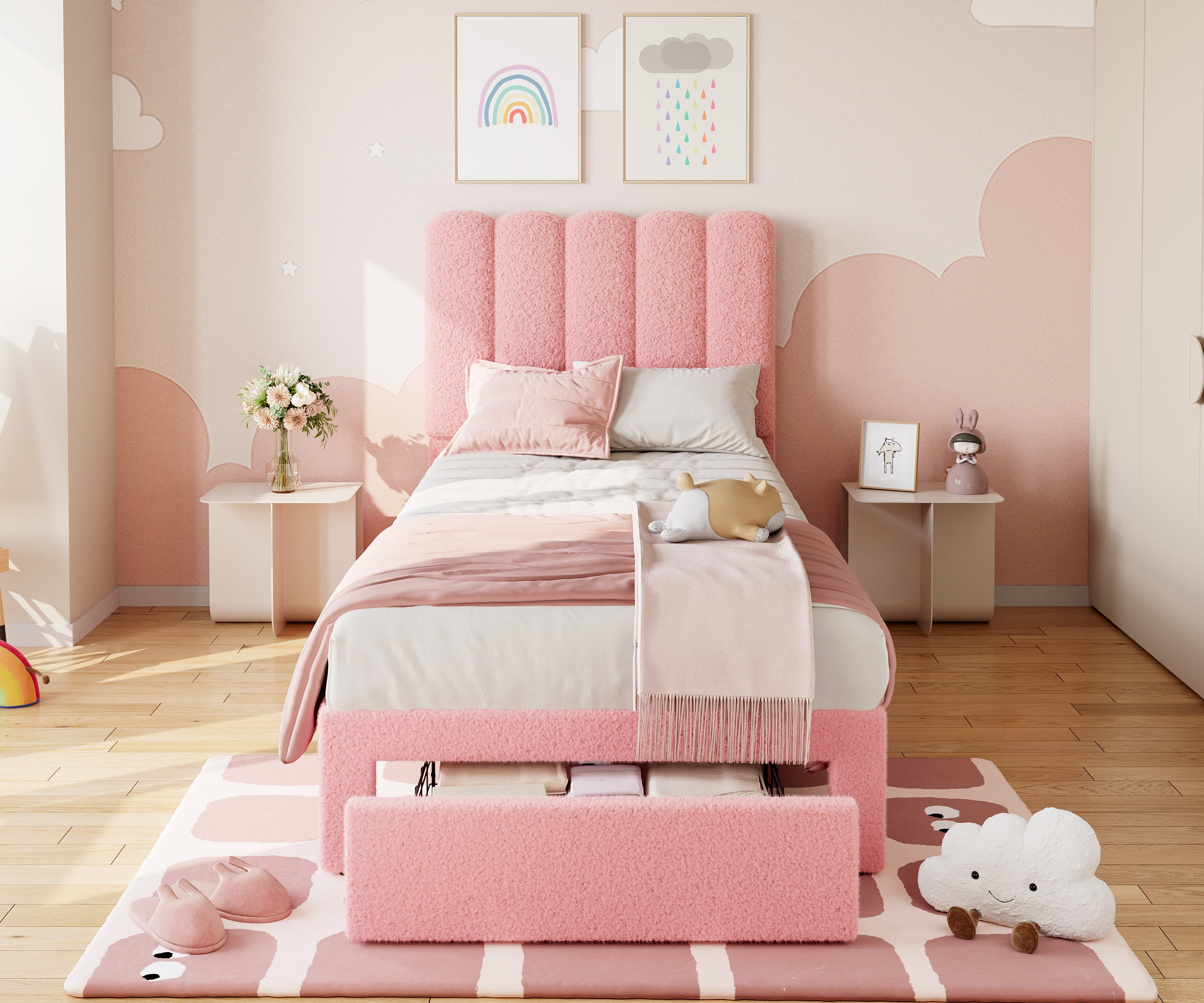 Towallmark 2025 New Twin Bed Frame with Under-Bed Drawer, Low Profile Upholstered Platform Bed with Wave Headboard, Wooden Slats Support, Pink