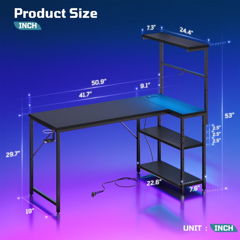 RSPGAME 51" L-Shaped Gaming Desk with LED Lights and Outlets photo 4
