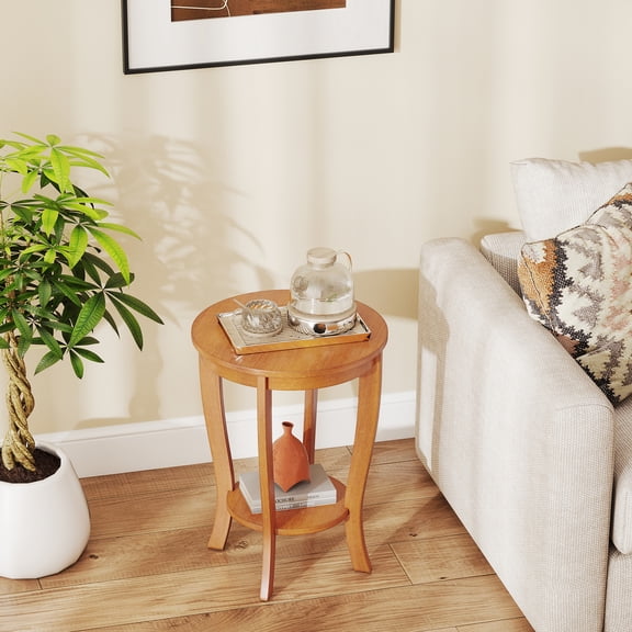 Spaco 2-Tier Round End Table, Solid Wood Support Legs, Non-Slip Stabilizing Foot Pads, Natural (Brown)