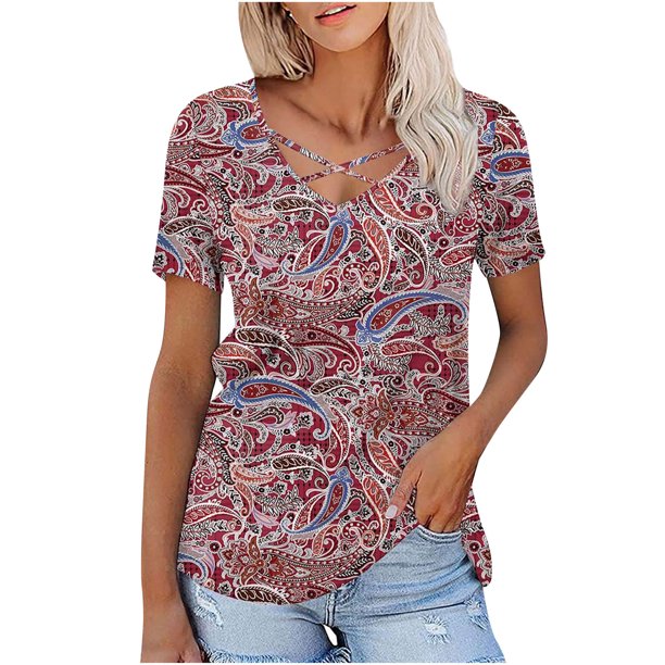 Camiseta de manga corta suelta con cuello en V y estampado calado informal a la moda para mujer Pompotops hkajfhjk467941