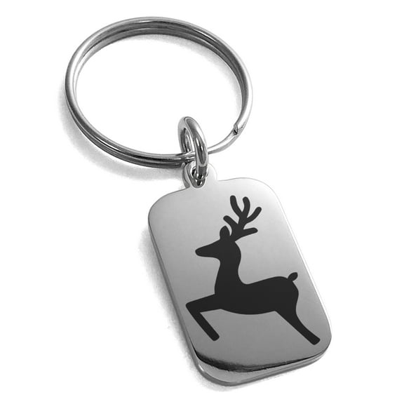Stainless Steel Festive Jumping Reindeer Engraved Small Rectangle Dog Tag Charm Keychain Keyring