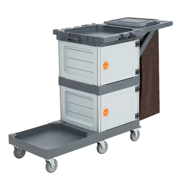 Cleaning Cart, 3-Shelf Commercial Janitorial Cart with Cabinet, Traditional Plastic Housekeeping Cart with 30 Gallon Bag, 200 lbs Capacity