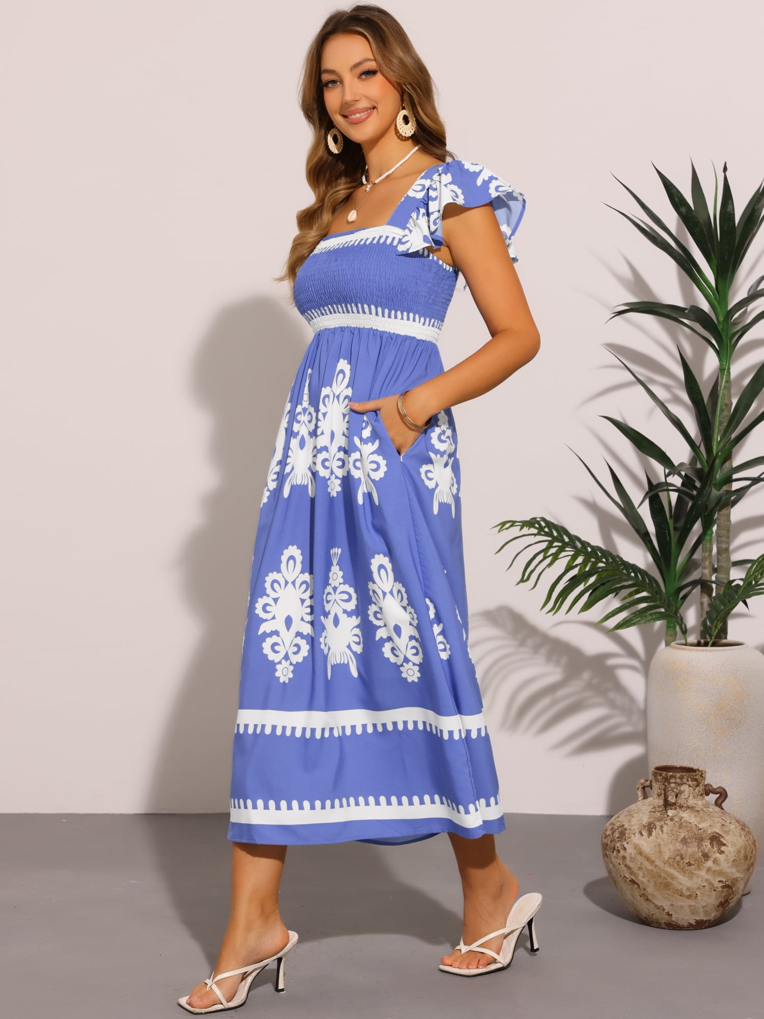 DARING DIVA Square Neck Flutter Sleeve Smocked Flowy Maxi Boho Dress M Blue