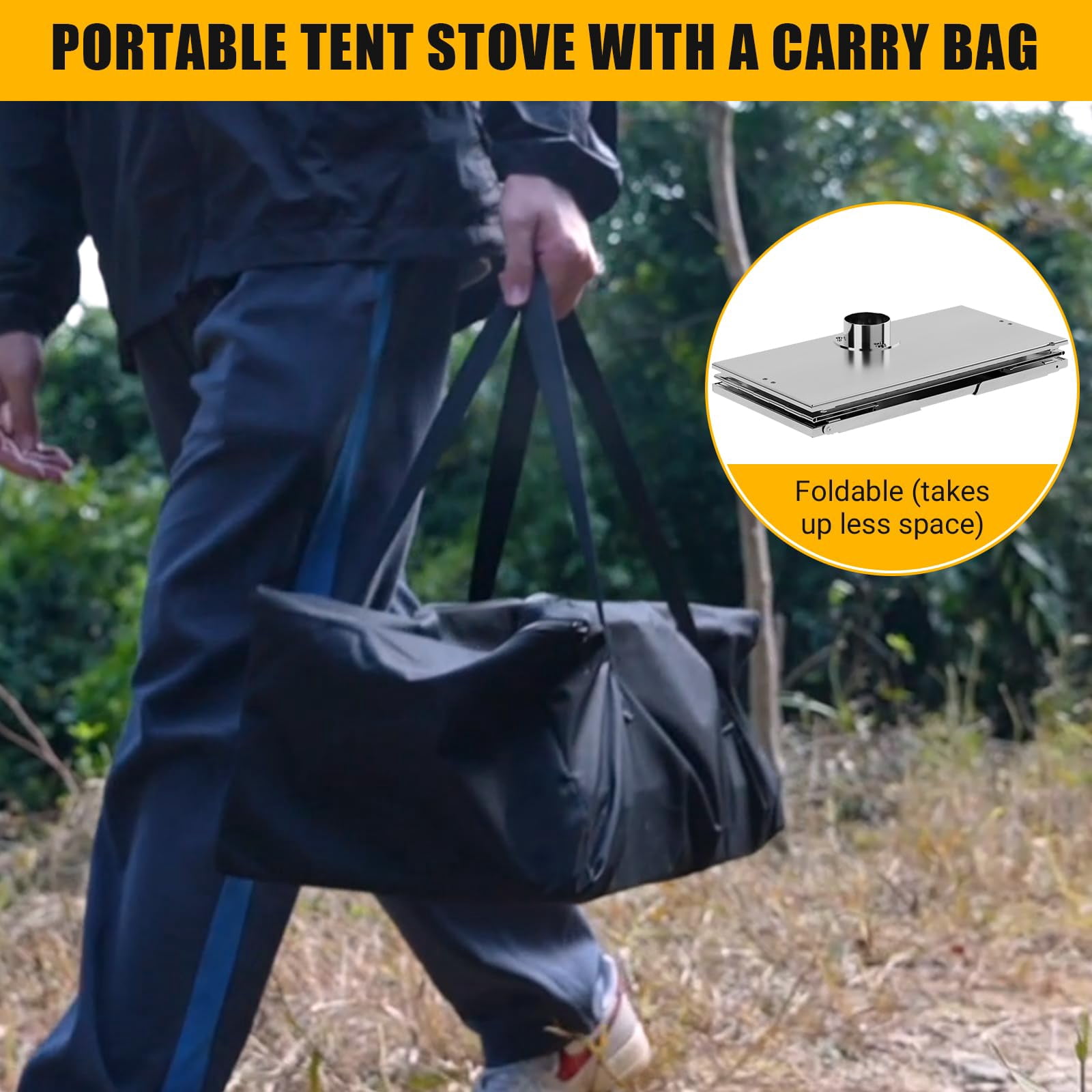 Towallmark Large Portable Camping Wood Stove – Stainless Steel Hot Tent Stove with 5 Chimney Pipes & Carry Bag for BBQ, Heating, Boiling, and Cooking Outdoors