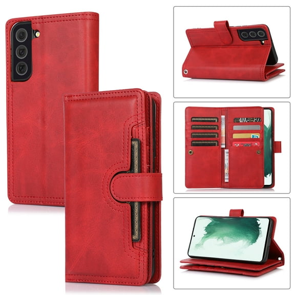 SaniMore for Samsung Galaxy S23 Plus 6.6" Case, Samsung Galaxy S23 Plus Wallet Case with Card Holder & Powerful Magnetic Flip Kickstand Shockproof PU Leather Wrist Strap Folio Cover, Red