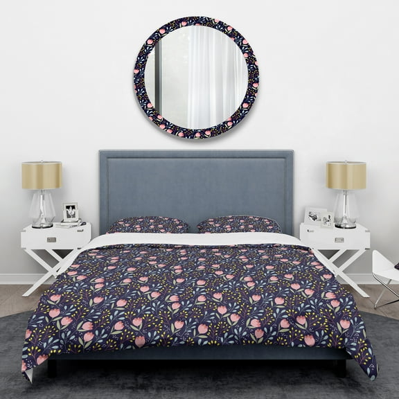 Designart 'Handdrawn Pink Flowers ' Mid-Century Modern Duvet Cover Set