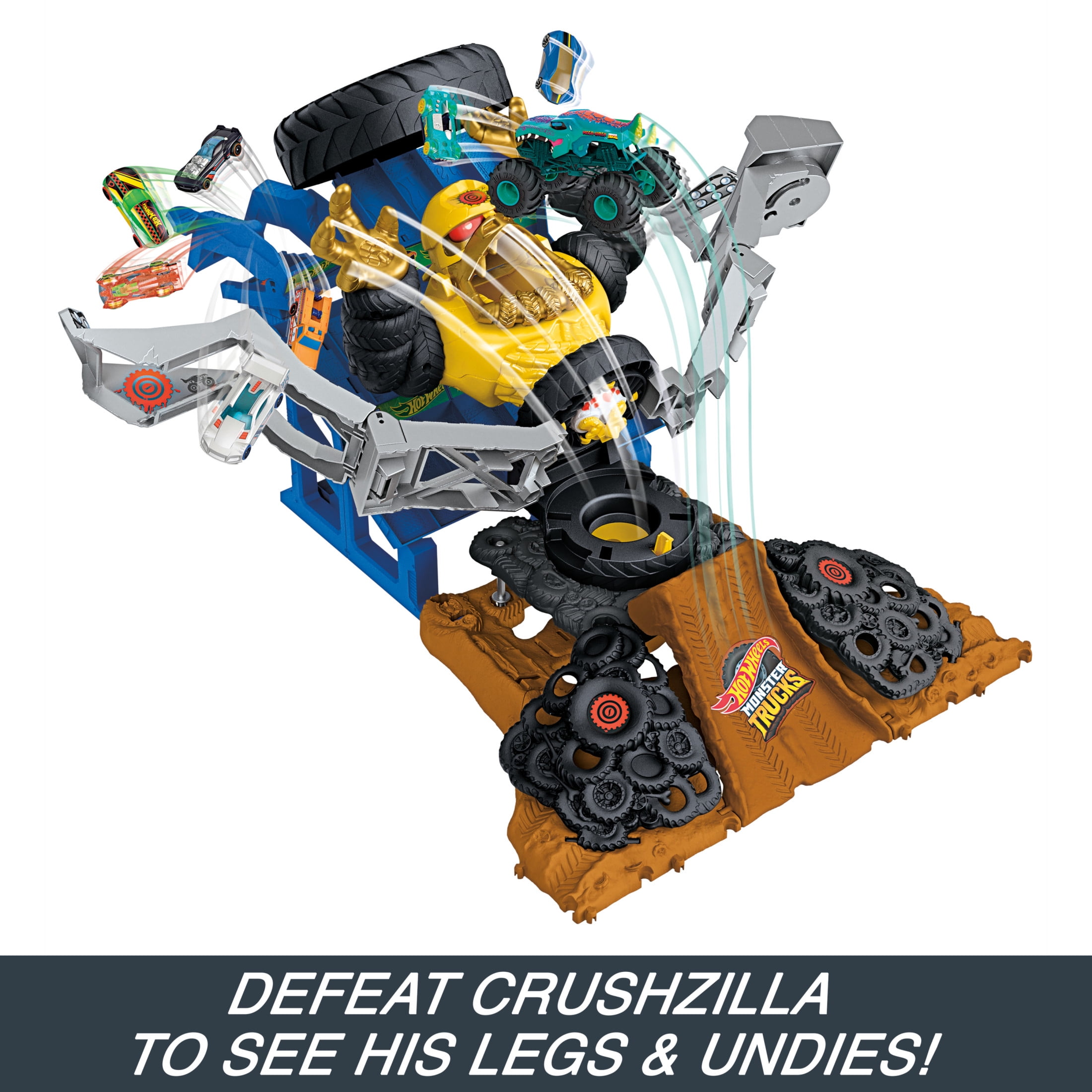 Hot Wheels Monster Trucks Arena Smashers Mega-Wrex Vs. Crushzilla Takedown Playset, 23.62 in