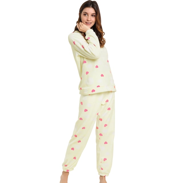 Pijama De Franela Lindo Impreso Manga Larga Top Y Pantalones Para Dormir Ropa De Dormir Suave Conjuntos Invierno Para Mujeres Corazón Amarillo XXL