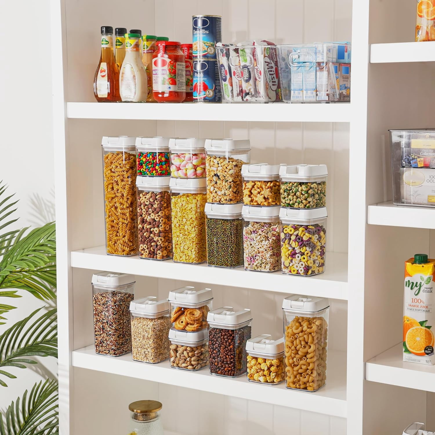 Airtight Food Storage Containers, 7-Piece BPA-Free Plastic Cereal Storage Jars with Easy-Lock Lids for Kitchen Pantry Organization, 24 Labels, White