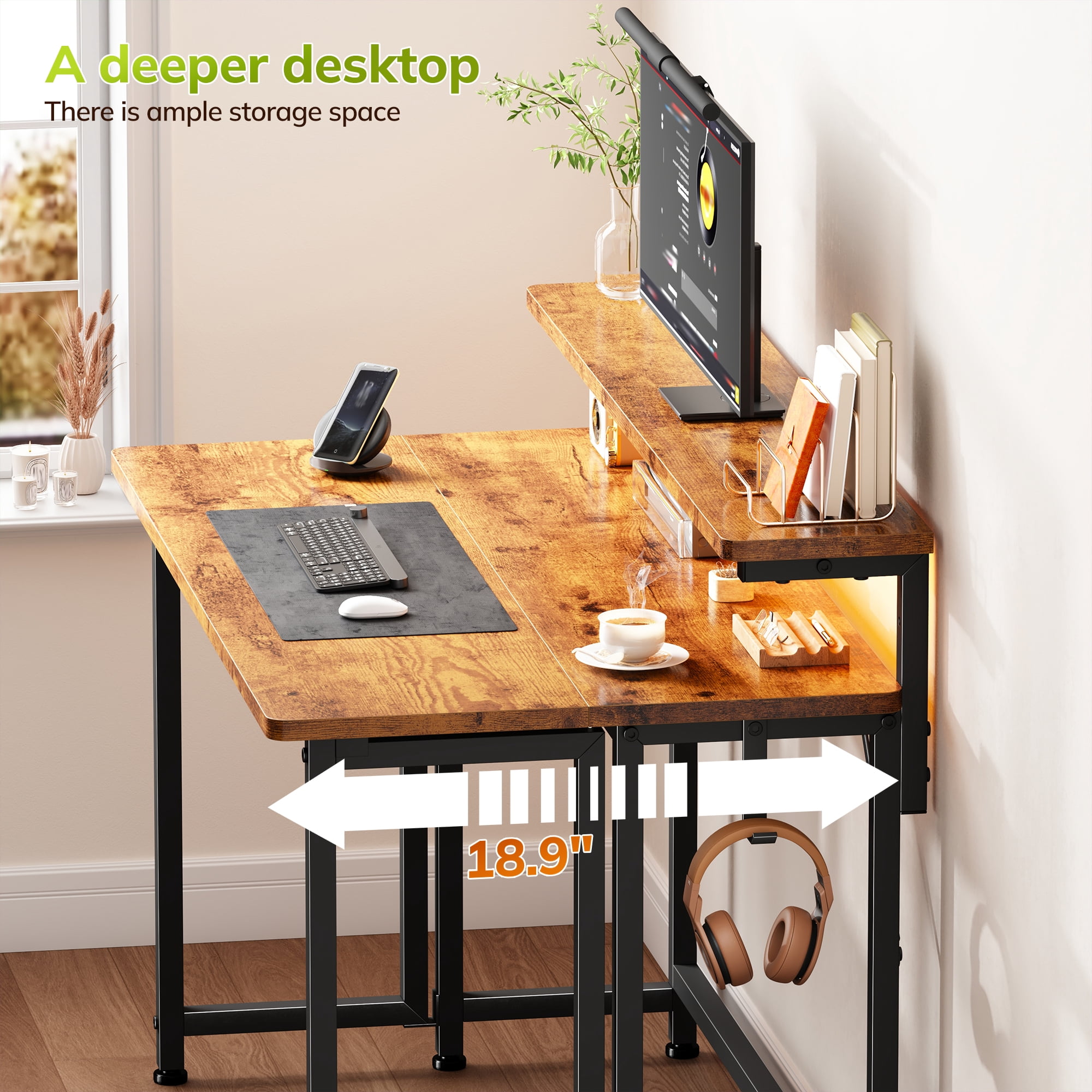 Romorgniz 39.4"D Computer Desk with LED Lights, Foldable Desk with Monitor Stand & Hooks, Computer Desk for Small Space, Rustic Brown