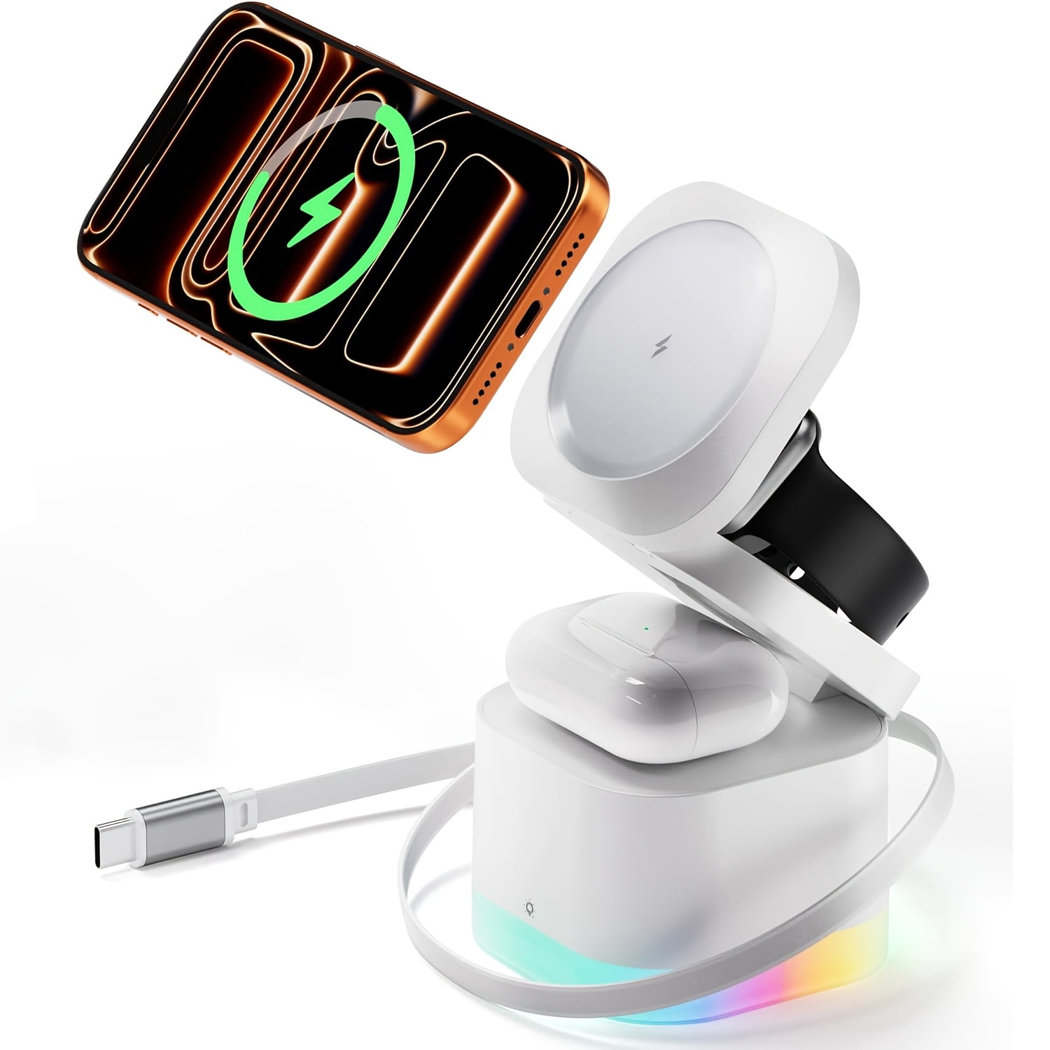 Foldable 5-in-1 Magnetic Wireless Charging Station with RGB Light & Retractable Cable for iPhone 17-12, Apple Watch, Airpods