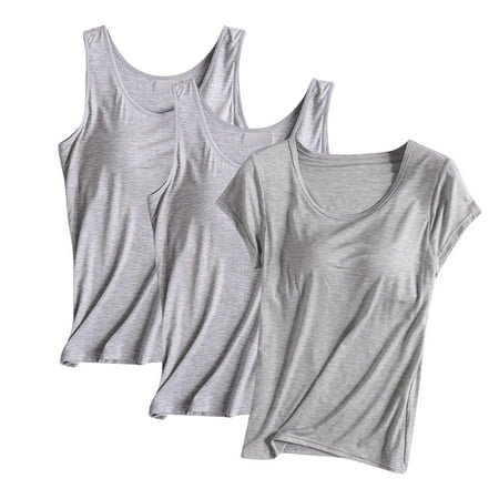 JGGSPWM Women s 3PCS Tank Tops with Built-in Bra for Workout Yoga Short Sleeve Padded Soft Athletic Wear Gray L