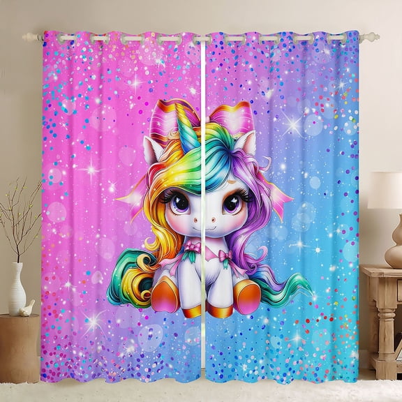 Erosebridal Girls Unicorn Black Out Curtains,Multicolor Glitter Print Curtains Pack of 2 (42x63 Each) For Kids