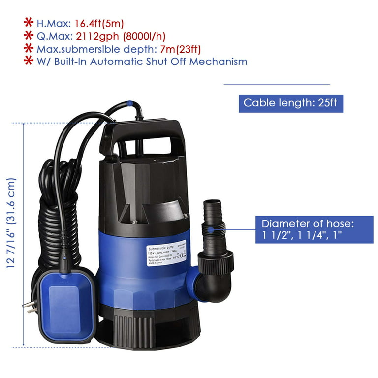 Yescom 1/2HP Submersible Water Pump Copper Motor 2113GPH 400W Automatic  Float Switch Clean/Dirty Water Pumps Swimming 