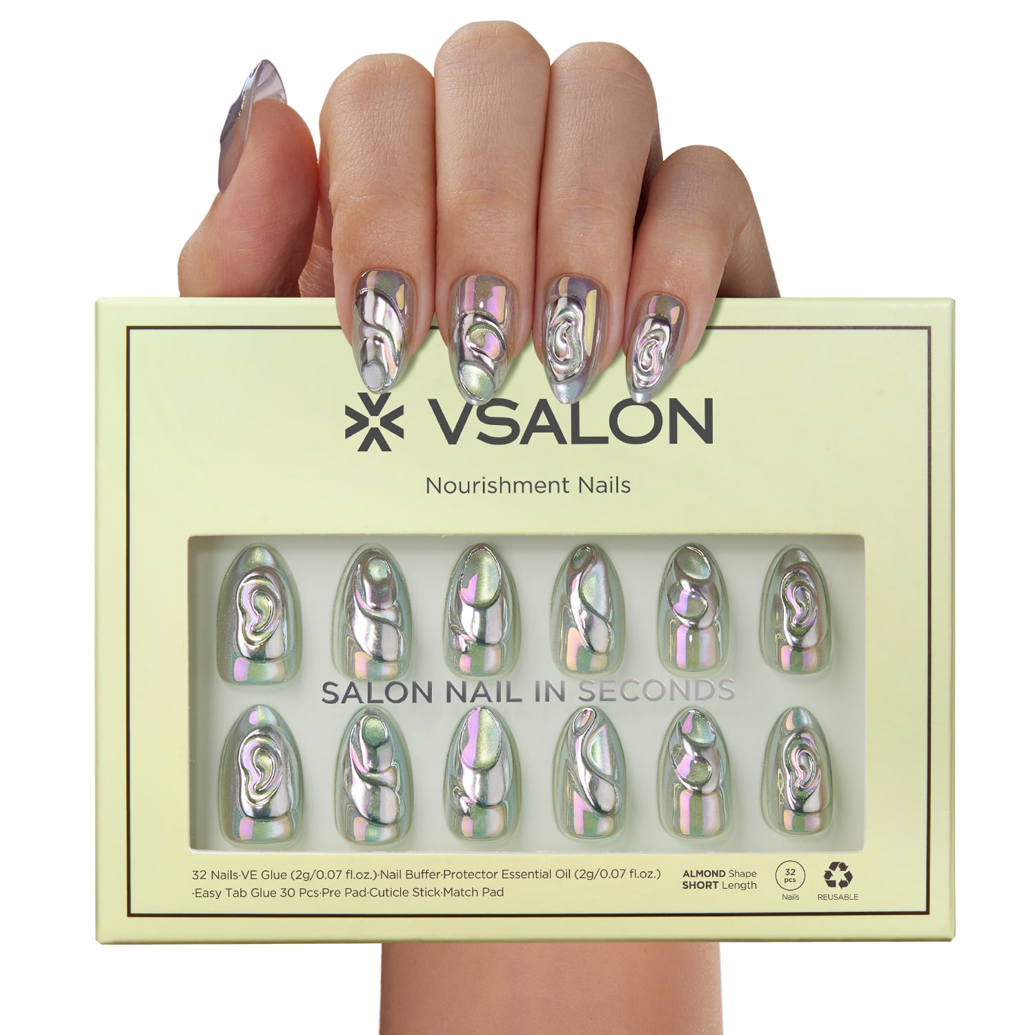 VSALON Press on Nails Short Almond - 3D Sculpting Silver Cat Eye Chrome Nails Kit for Women, Reusable Semi-Transparent Gel Halloween Fake Nails with Glue & Cuticle Oil - 32 PCS Nails in 16 Sizes