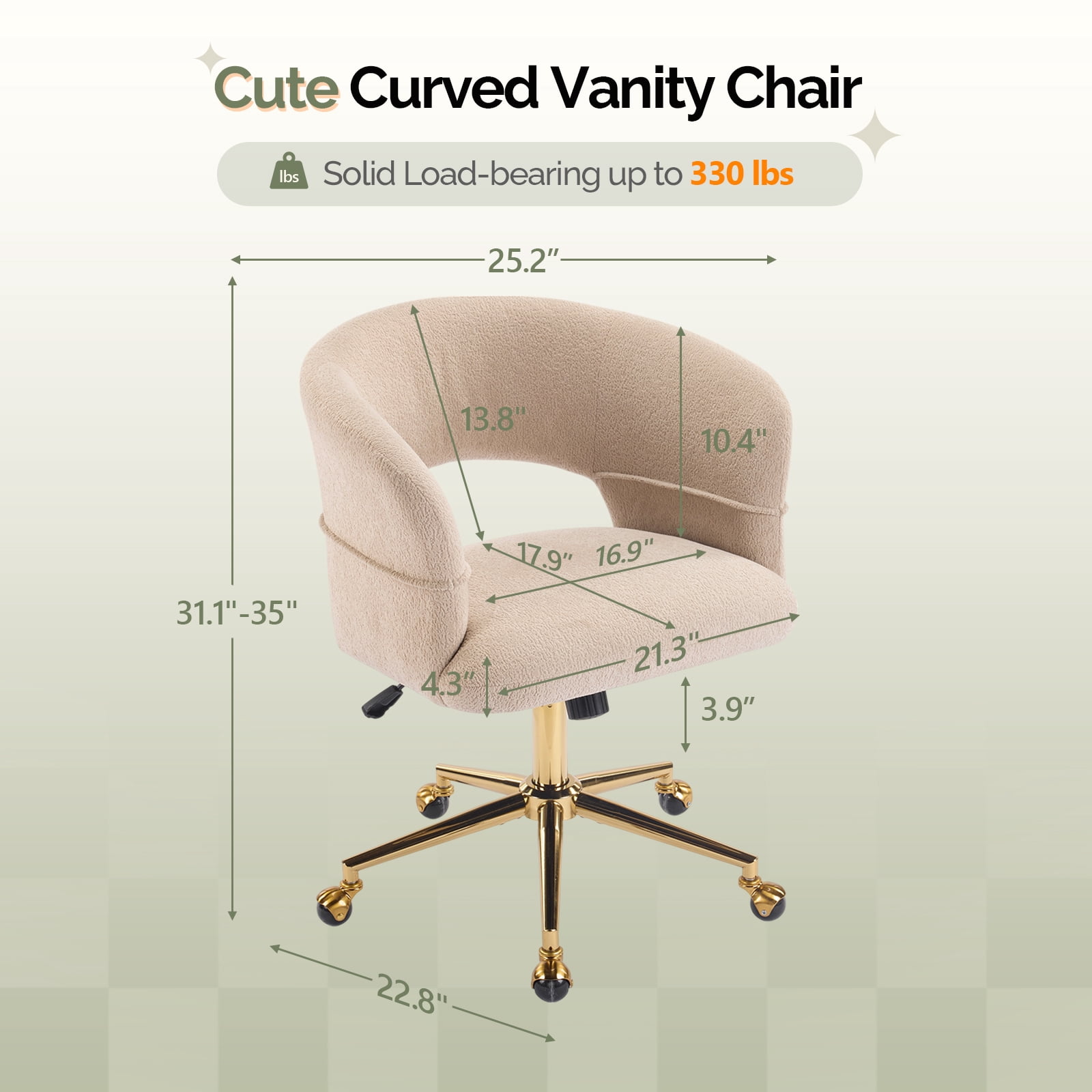 Ktaxon Flannel Accent Chair Multi-Use Makeup Desk Chair with 360 Swivel Adjustable Height for Bedroom Office Dorm Khaki