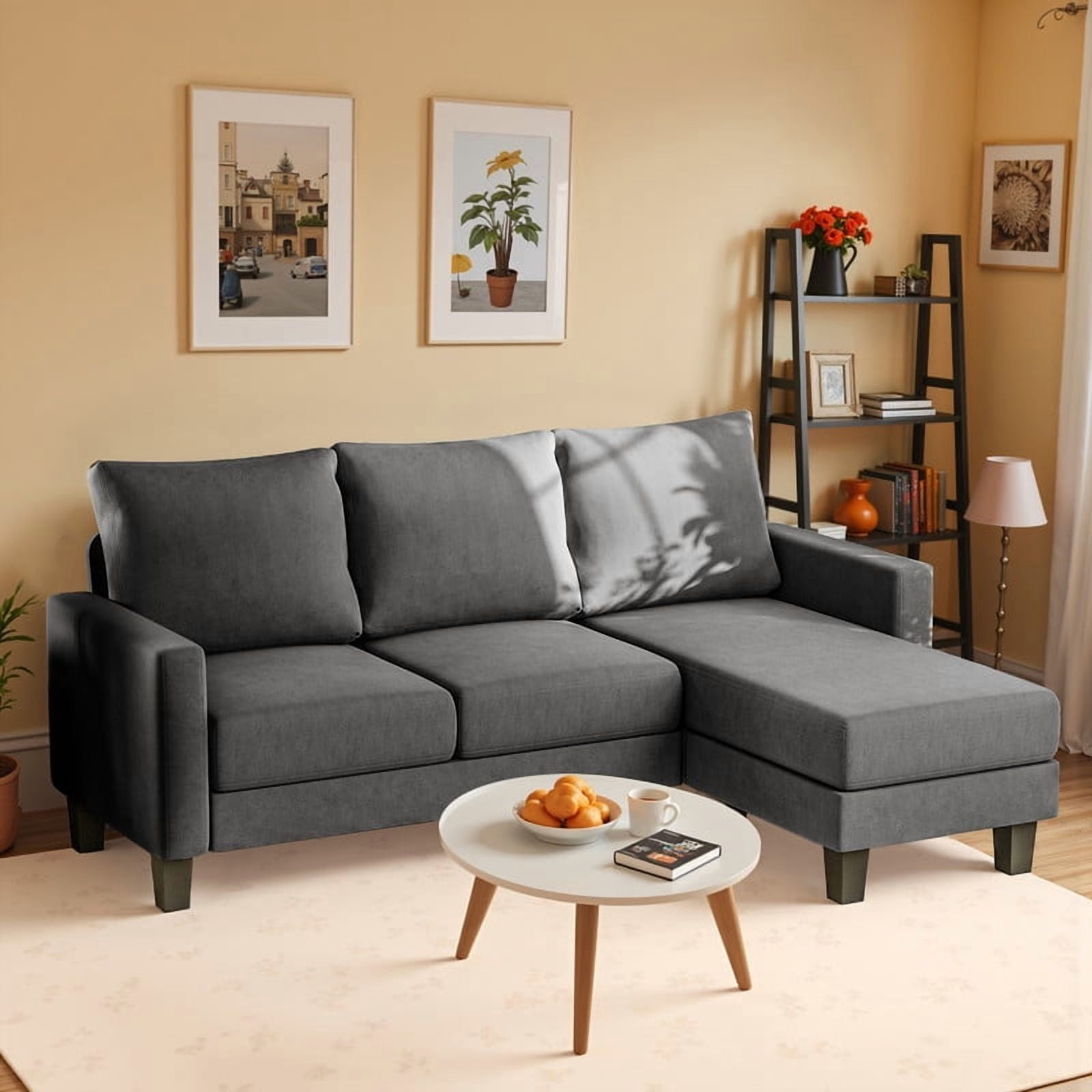 Homall Convertible Sectional Sofa Couch, Modern Linen Fabric L-Shaped Couch 3-Seat Sofa Sectional with Reversible Chaise for Small Living Room, Apartment and Small Space, New Dark Gray