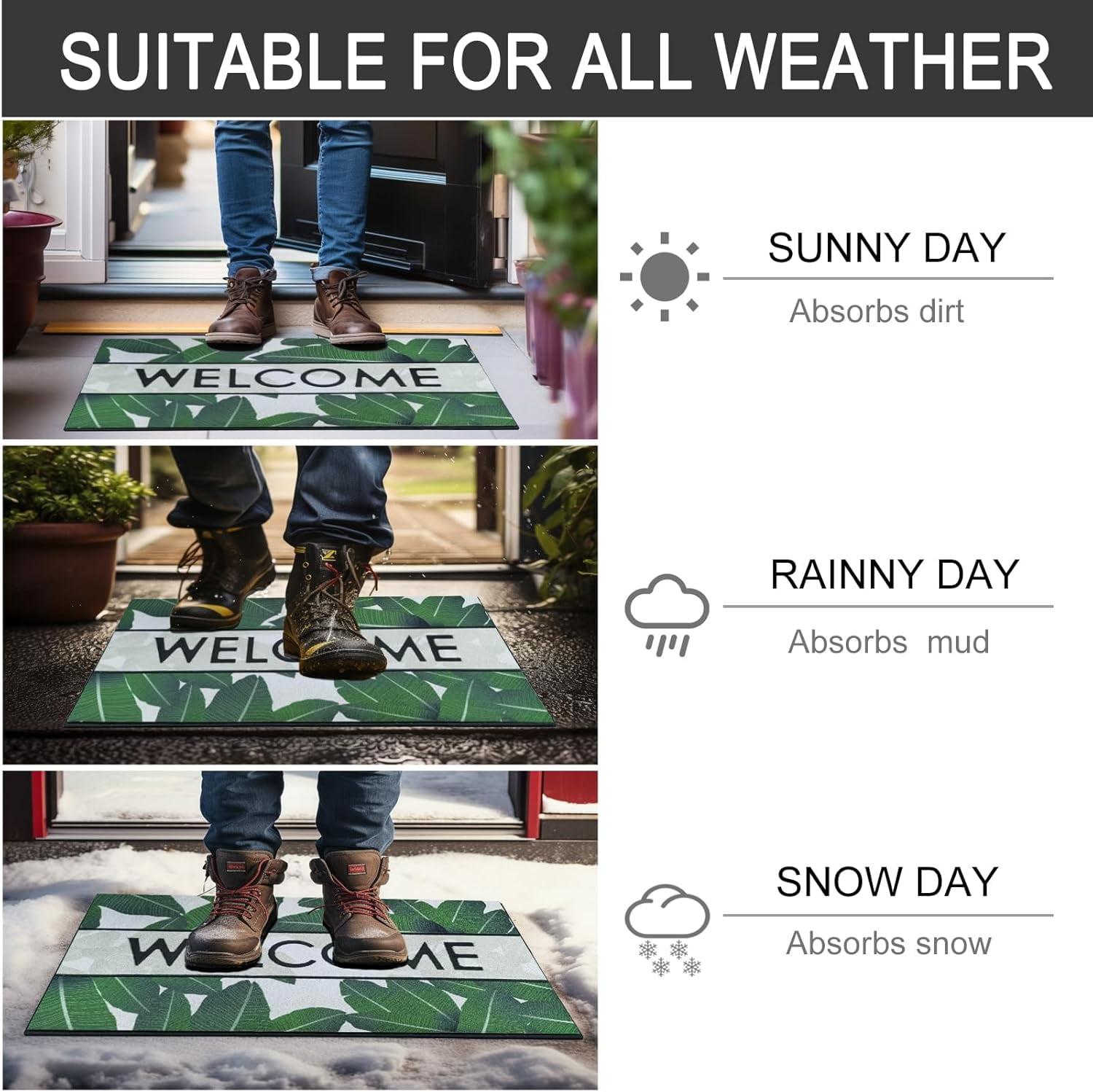 Door Mat, Welcome Mat 18x 30 Inch Front Door Mat Outdoors for Home Entrance Outdoors Mat for Outside Entry Way Doormat Entry Rugs, Heavy Duty Non Slip Rubber Back Low Profile, Green Leaves