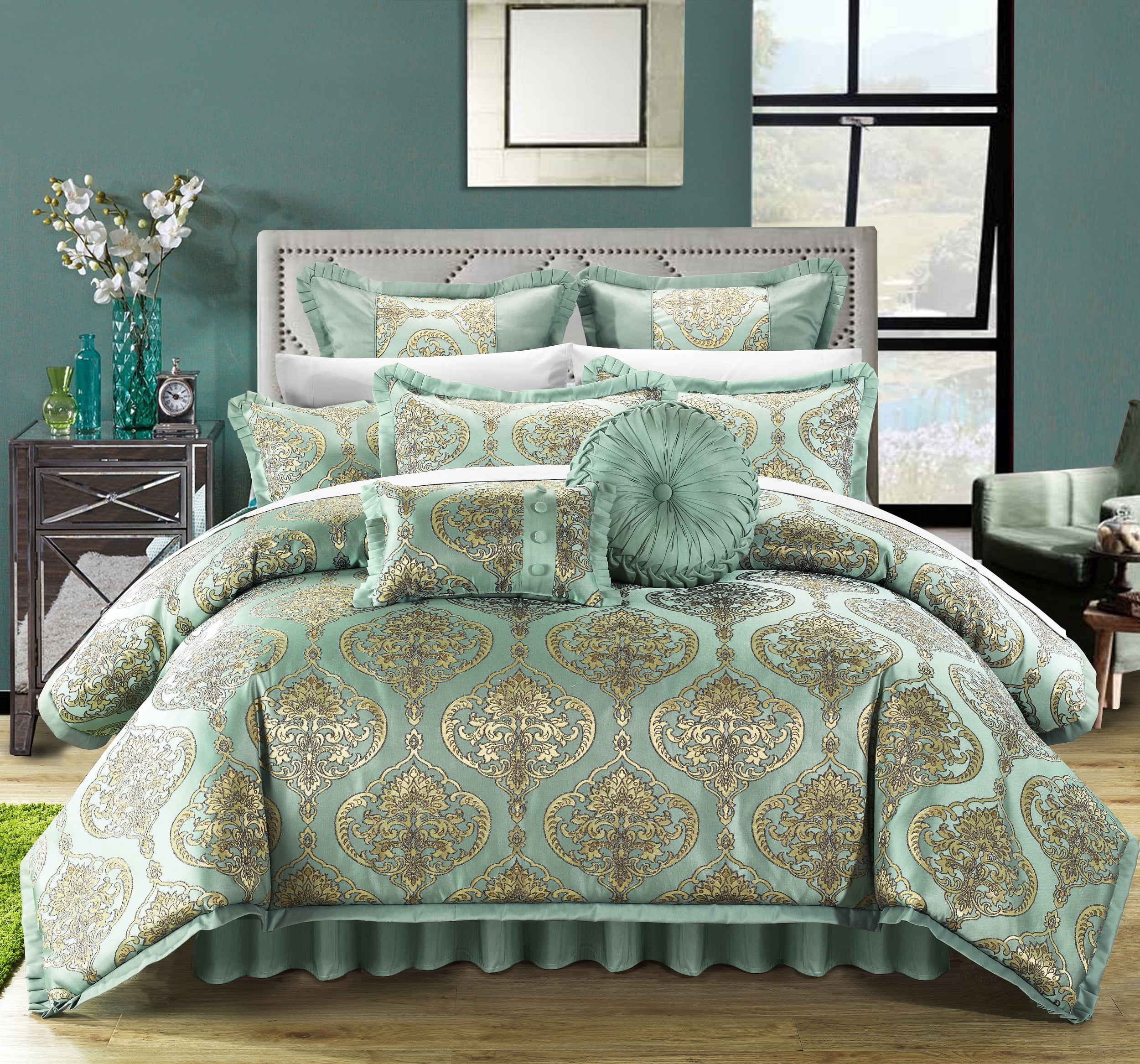 Chic Home Giovani 9-Piece Jacquard Comforter Set, King, Blue - Walmart.com