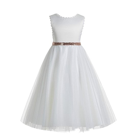 EkidsBridal V-Back Lace Edge White Flower Girl Dresses Communion Dress ...