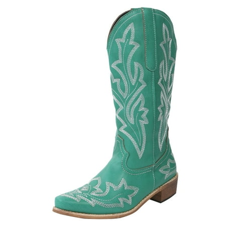 

BOBOGOJP Women Cowboy Ankle Boots with Classic Embroidered Pointy Toe Chunky Heels Pulled Up Women s Fashion Cowboy Boots (Green 9.5)