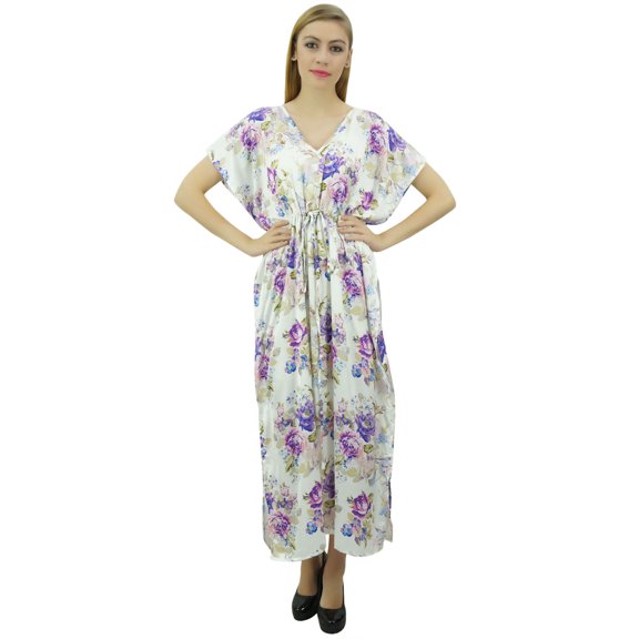 Bimba Women's Long Maxi Kaftan Drawstring White Floral Getting Ready Gown - 16