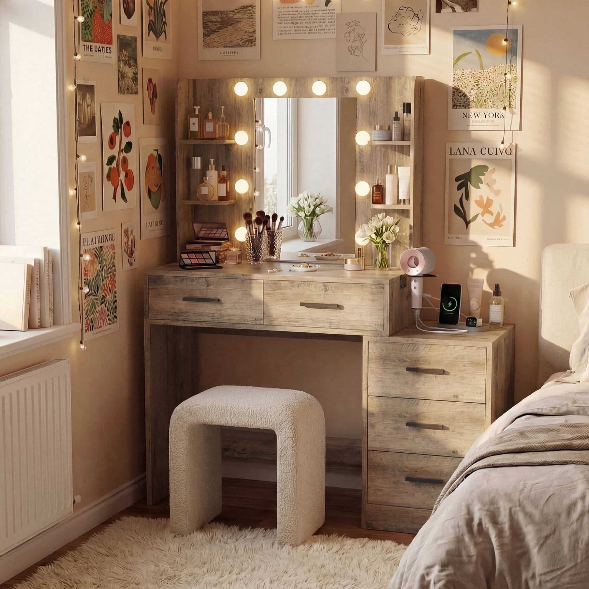Homall Makeup Vanity Desk with LED Lights, Mirror & Power Outlet, Dressing Table with 4 Shelves and 5 Drawers, Vanity Set & Nightstand for Bedroom, Gray