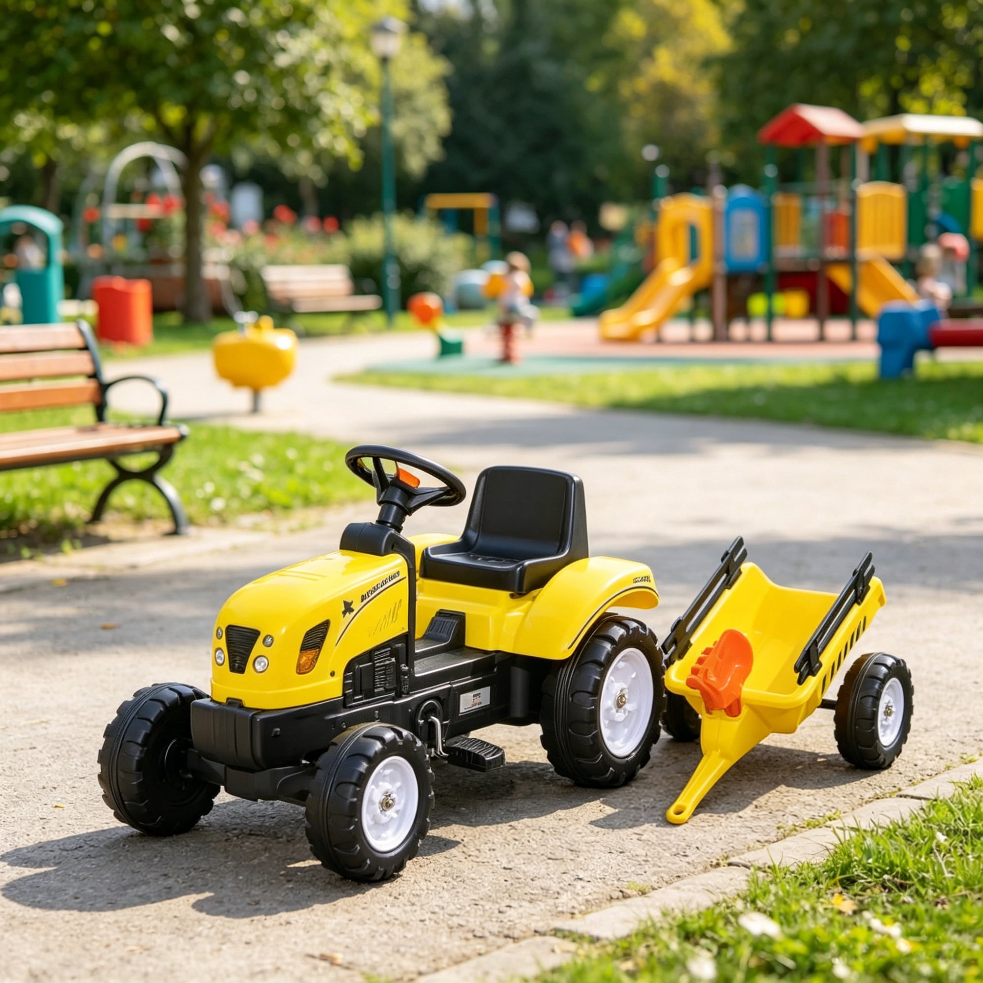 Kids Ride-On Tractor with Trailer Shovel and Rake for Ages 3+