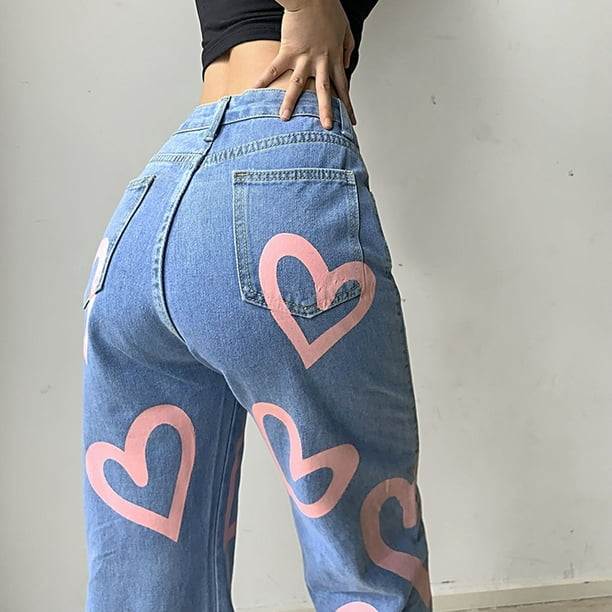 Womens High Waisted Jeans Y2k Straight Leg Jeans Baggy Printed Distressed  Boyfriend Denim Pants Trendy Streetwear