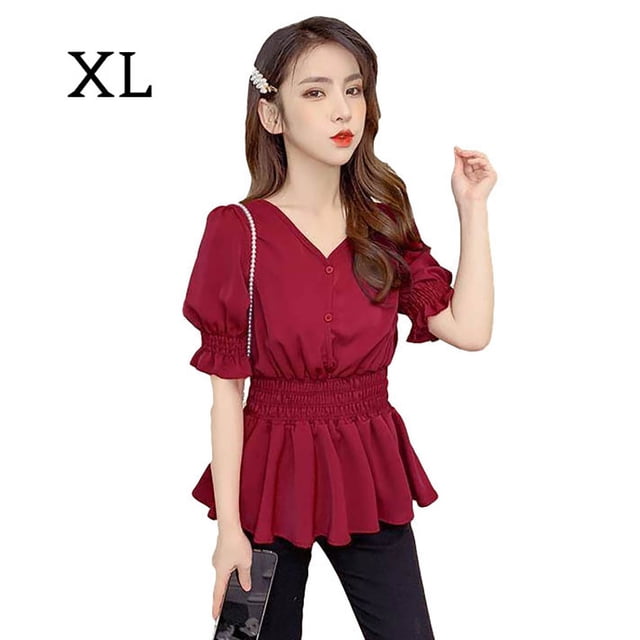 Camisa De Mujer Con Cuello En V Verano Color Sólido Manga Larga Con Botones, Rojo Vino, XL Scienceny AP001444-12