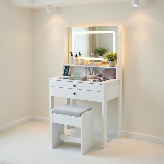 Resenkos Small Vanity Desk with Mirror Lights, Compact Makeup Table for Bedroom, Bathroom, Dressing Space, White
